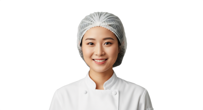 Smiling East Asian woman, 25-29, pastry chef apprentice in white baker's coat, hairnet, isolated on transparent background. Ideal for culinary training, bakery ads, career development, food blogs,