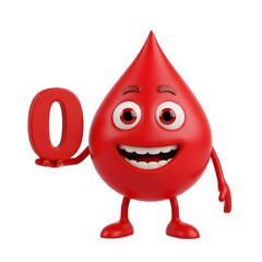 Joyful cartoon blood drop character proudly holding a large red number zero, perfect for health campaigns and educational content
