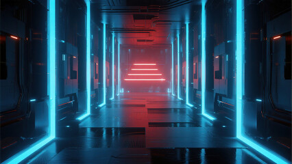 Futuristic corridor with neon lights