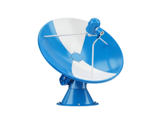 A vibrant blue and white satellite dish stands out against a dark background, showcasing modern technology and communication.