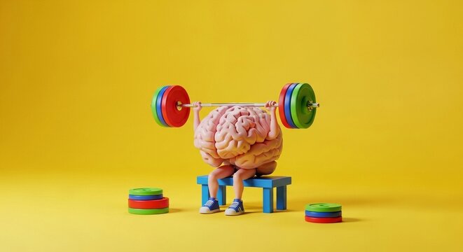 A human brain character lifting a heavy, colorful barbell on a yellow background, symbolizing mental strength and exercise.