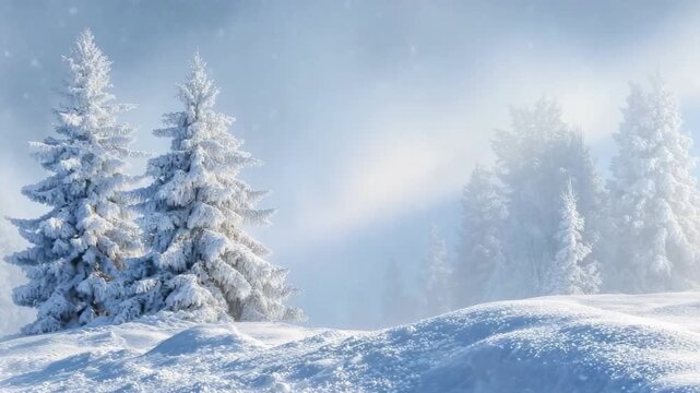 Two evergreen trees heavily laden with snow on a frosty hill with a misty forest in the background