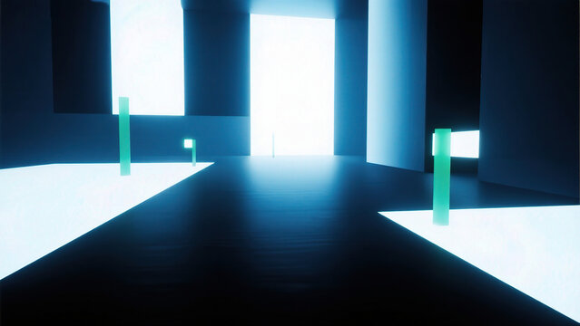Abstract blue corridor with glowing elements