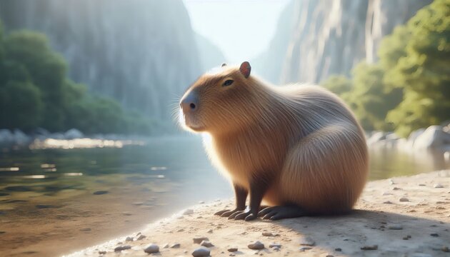 Charming capybara basking in sunlight near a tranquil river, evoking peace and serenity in a stunning natural landscape