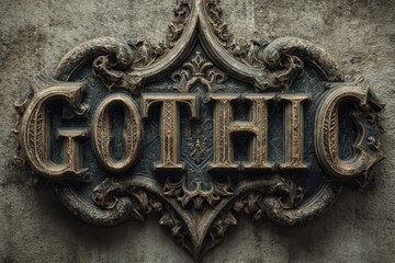 Ornate gothic word design on dark stone, textured and aged for an elegant, architectural detail element with layered details and carving