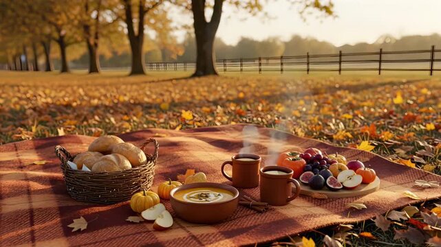 Rustic autumn picnic with pumpkin soup, hot cider, and bread rolls for thanksgiving evening