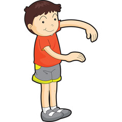 Fototapeta premium Cartoon Child Standing With Arms Outstretched In An Orange TShirt And Grey Shorts Isolated On White Background