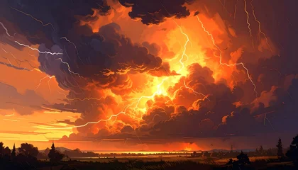 Papier peint photo Bordeaux A dramatic landscape displays a storm with vibrant orange and yellow hues, lightning bolts piercing the thick, dark clouds  © Ayam
