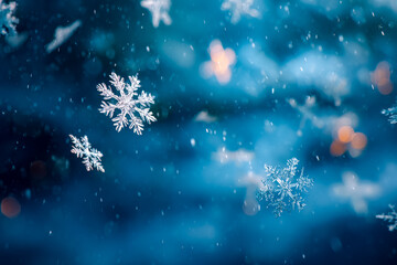 Close-up of snowflakes falling against a blurred winter background