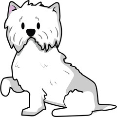 A cute white dog with gray patches sits with one paw raised in a greeting gesture against a transparent background