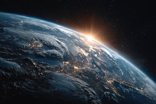 Earth view from Space with the sun rising over the horizon illuminating continents and cities, stars twinkling