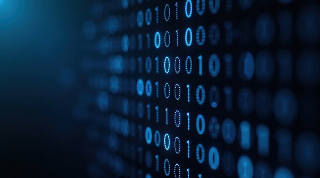 Fondo abstracto con n&uacute;meros binarios azules que fluyen por una pantalla negra; concepto futurista de tecnolog&iacute;a y visualizaci&oacute;n de datos