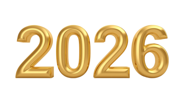 Golden 3D Number 2026 on Transparent Background. A new year celebration sign with the number 2026