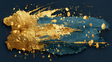 abstract golden paint splashes on dark indigo background, luxury brush texture with glowing highlights