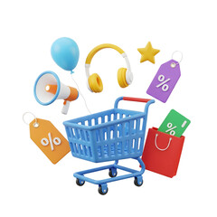 Dynamic shopping cart bursting with sale tags, headphones, and a megaphone announces exciting deals for modern commerce.
