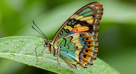 Obraz premium Vibrant Clipper Butterfly Resting on a Dew-Kissed Leaf.
