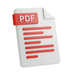 Professional 3D PDF document icon symbolizing data transfer, reports, and digital information for business and technology presentations