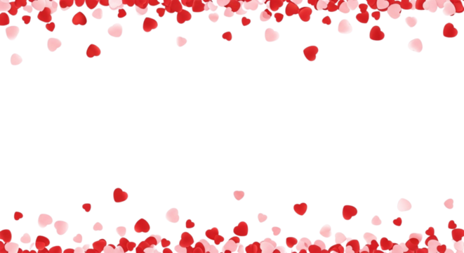 Red and Pink Heart Confetti on Transparent Background. Valentne's day frame
