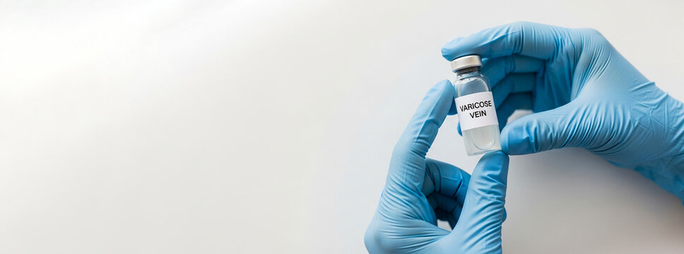 Phlebologist hands holding vial with white liquid labeled "varicose vein", medical treatment and healthcare concept