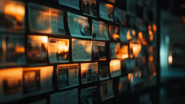 Investigative Wall of Evidence: A collection of newspaper clippings are displayed on a wall, illuminated by dim, warm light, creating a sense of mystery. Evoking curiosity.