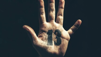 A hand with the number 13 painted in bold black shows themes of luck and superstition against a dark background