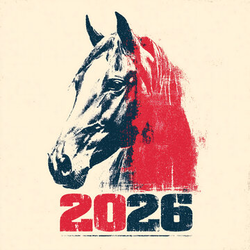 retro horse face vector art, inspired by old poster design, soft warm tones, "2026" typography 