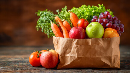 Fresh and colorful assortment of fruits and vegetables including carrots, apples, grapes, and leafy greens in a paper bag on a rustic wooden table surface