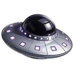 Sleek metallic flying saucer with glowing purple lights and a domed cockpit ready for interstellar travel and alien encounters.
