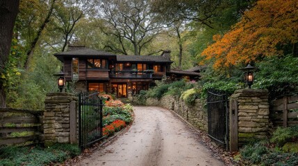 Fototapeta premium A rustic wooden home nestled within a leafy landscape.