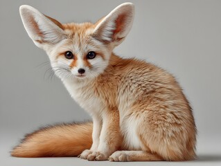 Obraz premium Full-body studio portrait of an incredibly cute fennec fox is captured against a clean white background. Its large, prominent ears and soft, sandy fur are in very sharp focus.