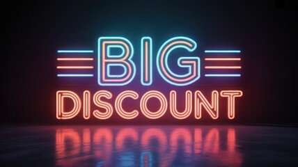 Neon sign big discount with blue and red lights sale promotion