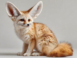 Obraz premium Full-body studio portrait of an incredibly cute fennec fox is captured against a clean white background. Its large, prominent ears and soft, sandy fur are in very sharp focus.