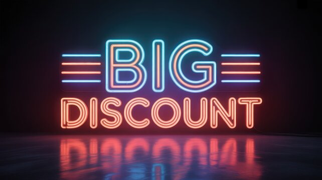 Neon sign big discount with blue and red lights sale promotion - Powered by Adobe