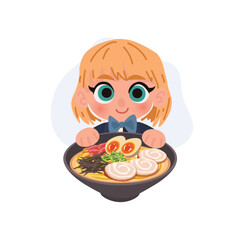 adorable anime style child illustration with ramen noodles bowl kawaii food art. cute kawaii girl holding ramen bowl