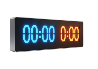 A digital scoreboard displays a zero-zero time, with glowing blue and orange numbers.
