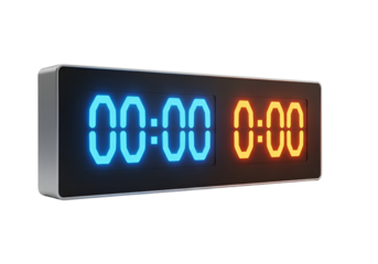 A digital scoreboard displays a zero-zero time, with glowing blue and orange numbers.