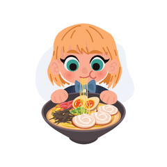 a cute cartoon girl with blonde hair eating ramen noodles. anime style illustration