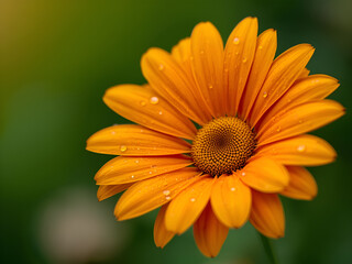 Bright orange daisy flower blooming beautifully in garden with soft blurred green background and natural sunlight macro photography