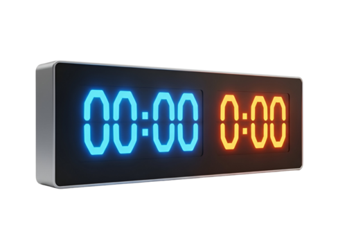 A digital scoreboard displays a zero-zero time, with glowing blue and orange numbers.
