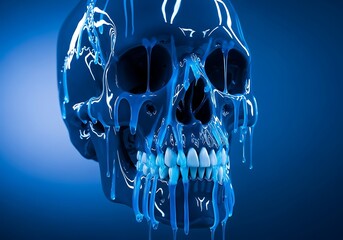 A mesmerizing blue skull with dripping paint, bathed in eerie light against a dark background, creating a captivating and haunting visual experience