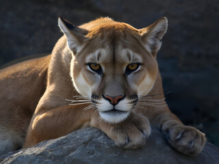 Powerful wild puma resting calmly on rocky terrain staring directly at camera with intense eyes in wilderness environment