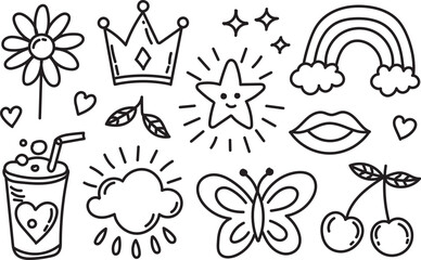 Hand Drawn Cute Doodle Icon Set with Star Crown Rainbow and Fun Cartoon Elements