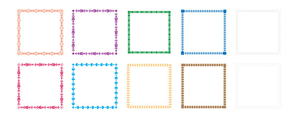 Colorful square decorative frame borders set, dashed, dotted, stitched outline shapes, minimal graphic vector collection