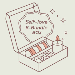 An illustration of a selflove 6bundle box with candle and beauty products