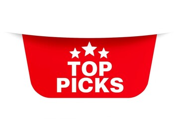 Bright red banner with white stars and the words top picks announcing a selection of best choices or recommendations