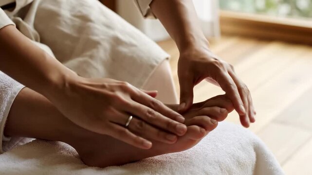 Closeup of a person receiving a relaxing foot massage promoting wellness and selfcare.