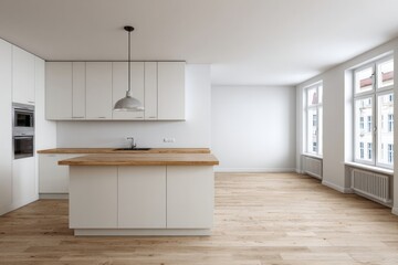 Contemporary open plan kitchen and living area featuring white cabinetry and wood countertops