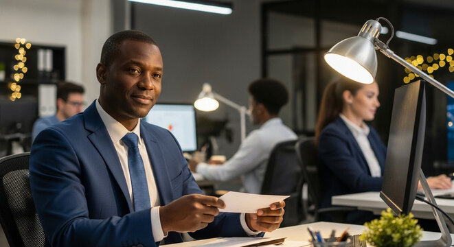 Boss with envelopes with bonuses to employees, African-American leader distributing rewards in a corporate office, employee recognition and workplace motivation