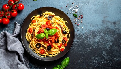 Top-down view of a plate of spaghetti with tomato sauce, black olives, and basil, set on a textured, dark surface