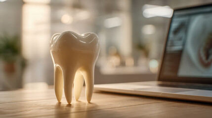 Large realistic tooth model standing on wooden desk near laptop in modern dental clinic with blurred background and warm natural lighting